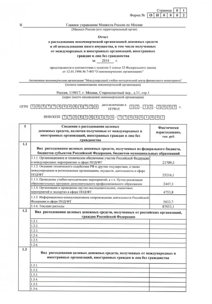 Отчет о благотворительной деятельности в минюст образец