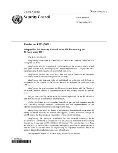 Resolution 1373. Countering terrorism