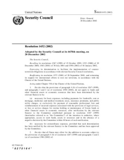 Resolution 1452. Threats to international peace and security