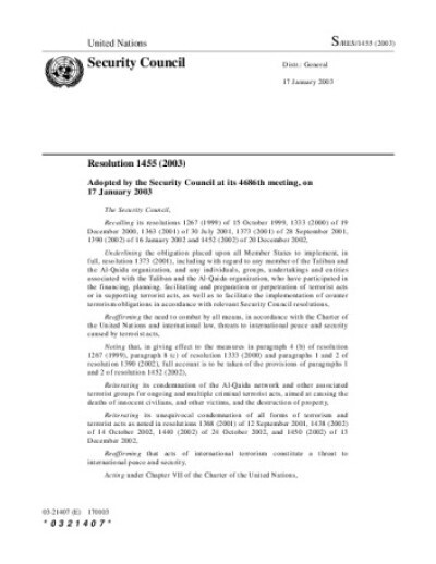 Resolution 1455. Threats to international peace and security