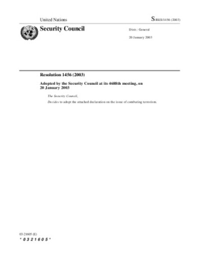 Resolution 1456. High-level meeting of the Security Council: combating terrorism