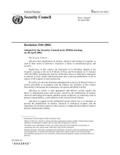 Resolution 1540. Non-proliferation of weapons of mass destruction