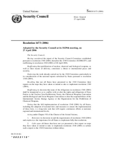 Resolution 1673. Non-proliferation of weapons of mass destruction