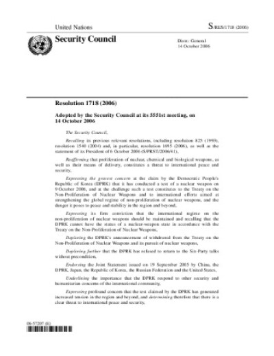 Resolution 1718. Non-proliferation: Democratic People’s Republic of Korea