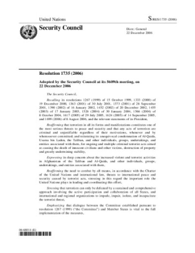 Resolution 1735. Threats to international peace and security