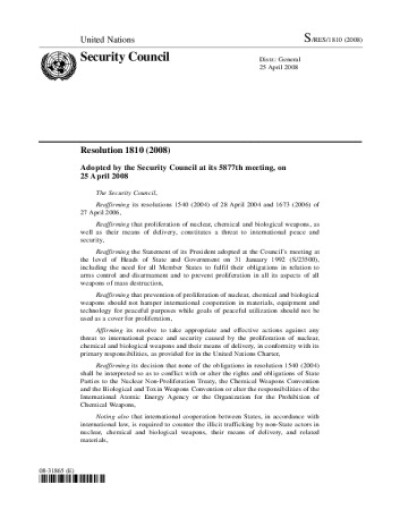 Resolution 1810. Non-proliferation of weapons of mass destruction