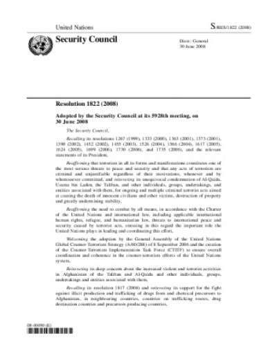 Resolution 1822. Threats to international peace and security