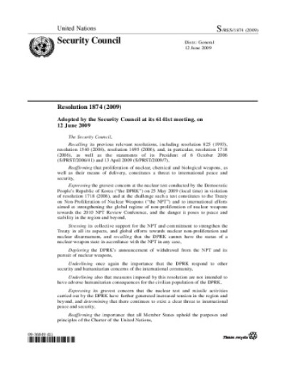 Resolution 1874. Non-proliferation: Democratic People’s Republic of Korea