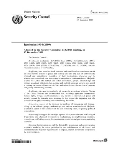 Resolution 1904. Threats to international peace and security caused by terrorist acts