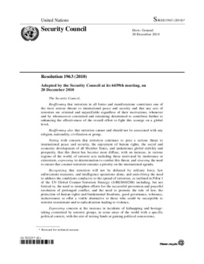 Resolution 1963. Threats to international peace and security caused by terrorist acts