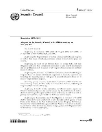 Resolution 1977. Non-proliferation of weapons of mass destruction
