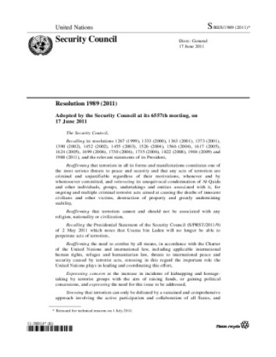 Resolution 1989. Threats to international peace and security caused by terrorist acts