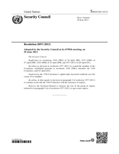 Resolution 2055. Non-proliferation of weapons of mass destruction