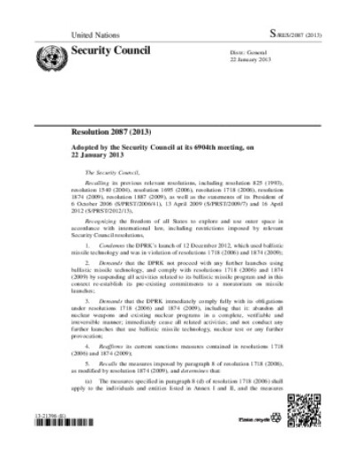 Resolution 2087. Non-proliferation: Democratic People’s Republic of Korea