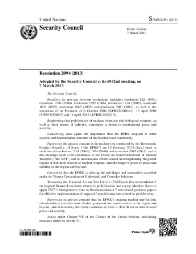 Resolution 2094. Non-proliferation Democratic Peoples Republic of Korea