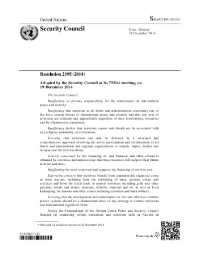 Resolution 2195. Threats to international peace and security caused by terrorist acts