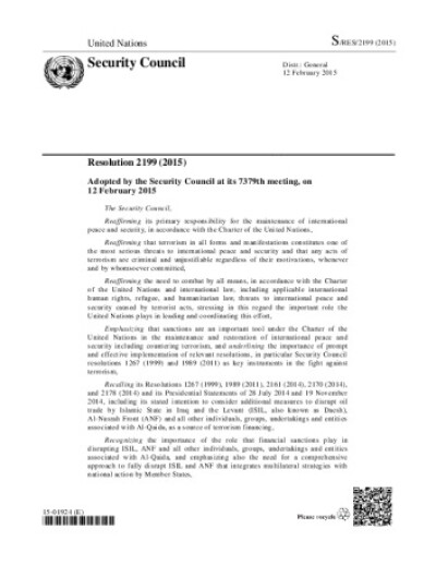 Resolution 2199. Threats to international peace and security caused by terrorist acts