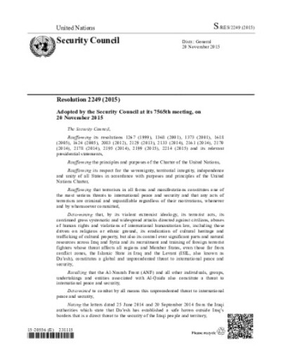 Resolution 2249. Threats to international peace and security caused by terrorist acts