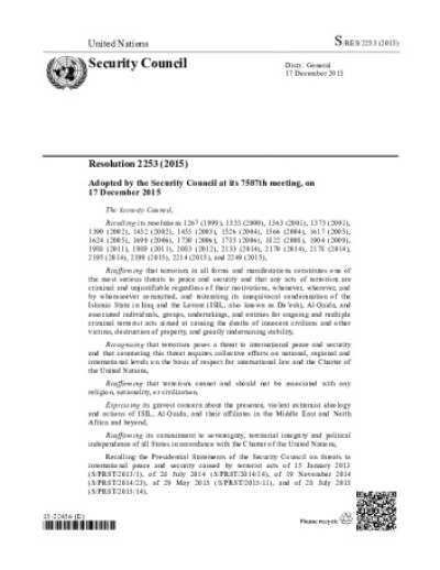 Resolution 2253. Threats to international peace and security caused by terrorist acts