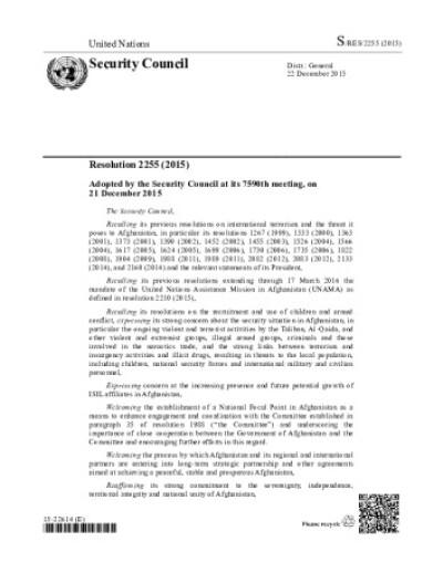 Resolution 2255. Threats to international peace and security caused by terrorist acts