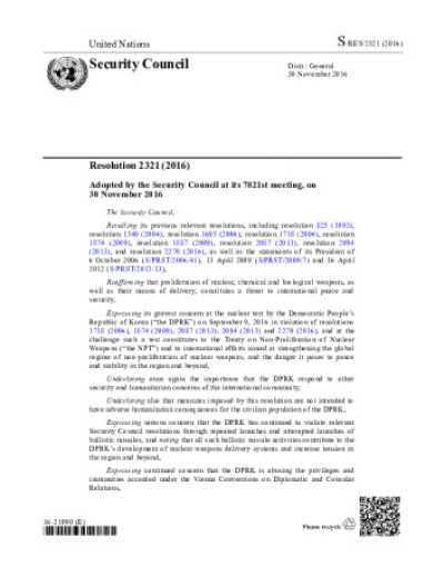 Resolution 2321. Non-proliferation: Democratic People’s Republic of Korea