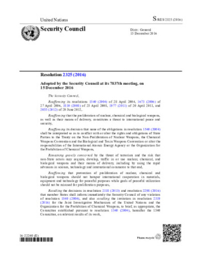 Resolution 2325. Non-proliferation of weapons of mass destruction
