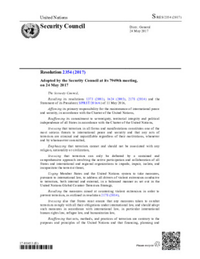 Resolution 2354. Threats to International Peace and Security Caused by Terrorist Acts