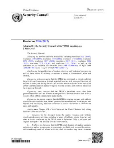 Resolution 2356. Non-proliferation: Democratic People’s Republic of Korea