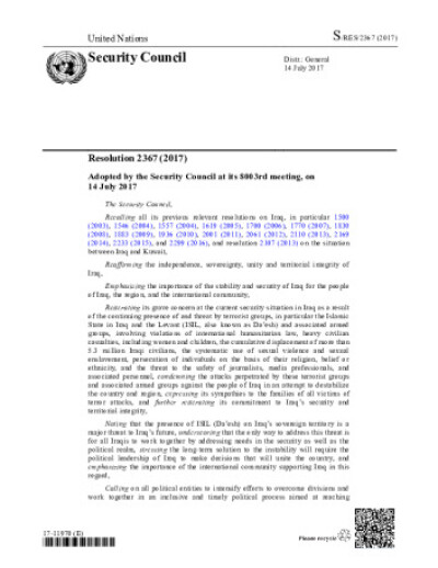 Resolution 2367. The Situation Concerning Iraq