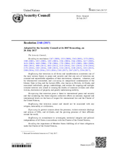 Resolution 2368. Threats to International Peace and Security Caused by Terrorist Acts