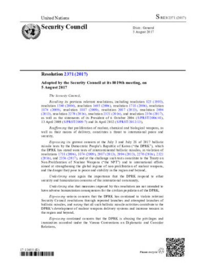 Resolution 2371. Non-proliferation: Democratic People’s Republic of Korea