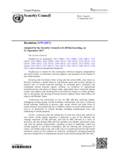 Resolution 2379. Threats to International Peace and Security