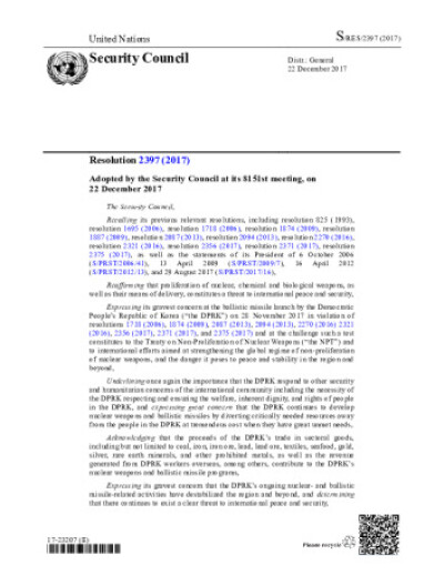 Resolution 2397. Non-proliferation: Democratic People’s Republic of Korea