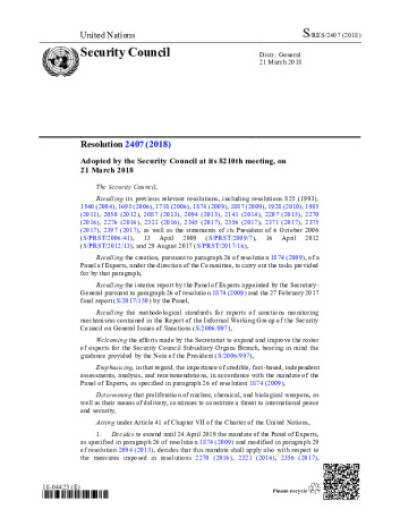 Resolution 2407. Non-proliferation: Democratic People’s Republic of Korea