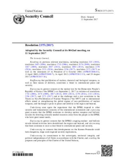 Resolution 2375. Non-proliferation: Democratic People’s Republic of Korea