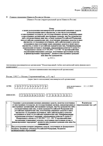 Отчет в Минюст РФ о расходовании МУМЦФМ денежных средств за 2021 год