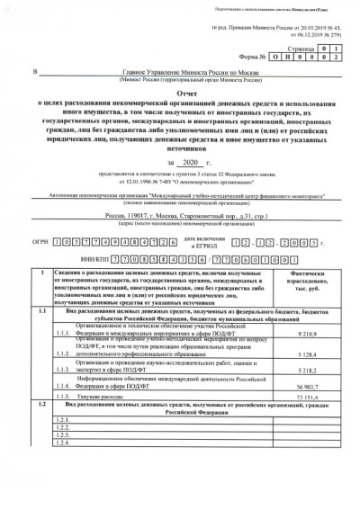 Отчет в Минюст РФ о деятельности МУМЦФМ как некоммерческой организации за 2020 год